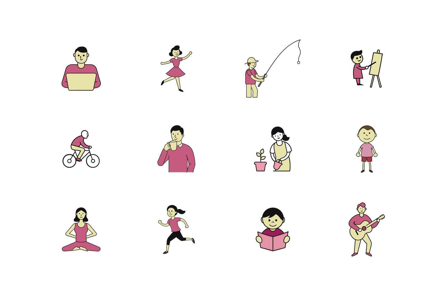 Collection of Outline Art Illustrations Man and Woman in Various Activities on White Background vector