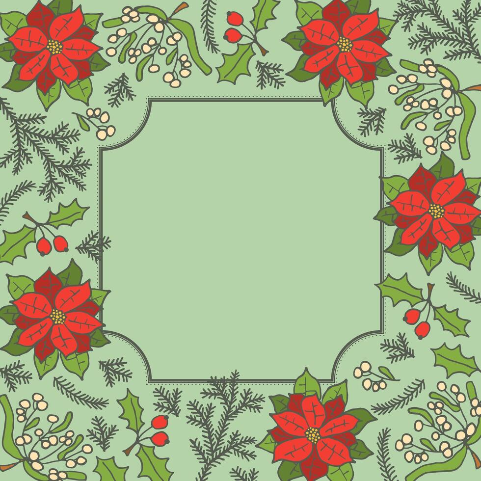 Christmas wreath or frame made of fir branches with poinsettia. vector