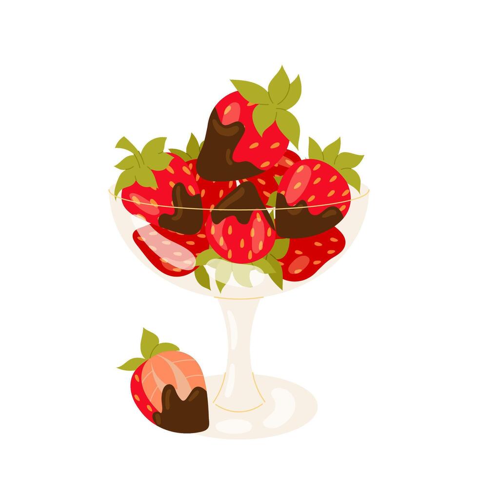 Ripe red strawberries. Glass bowl with ripe berries. Chocolate covered strawberries. Fruit. Dessert. Flat illustration on white background. vector