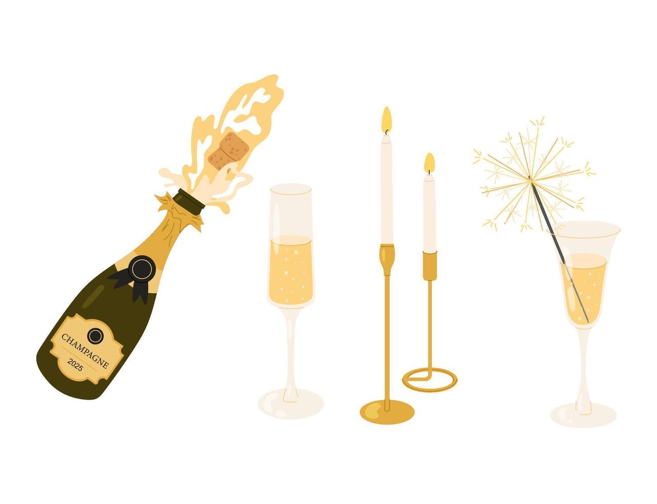 Champagne bottle, glass alcoholic drink, sparkler, romantic candles. Romantic festive dinner. Splashes explosion of sparkling wine. Flat Illustration. vector