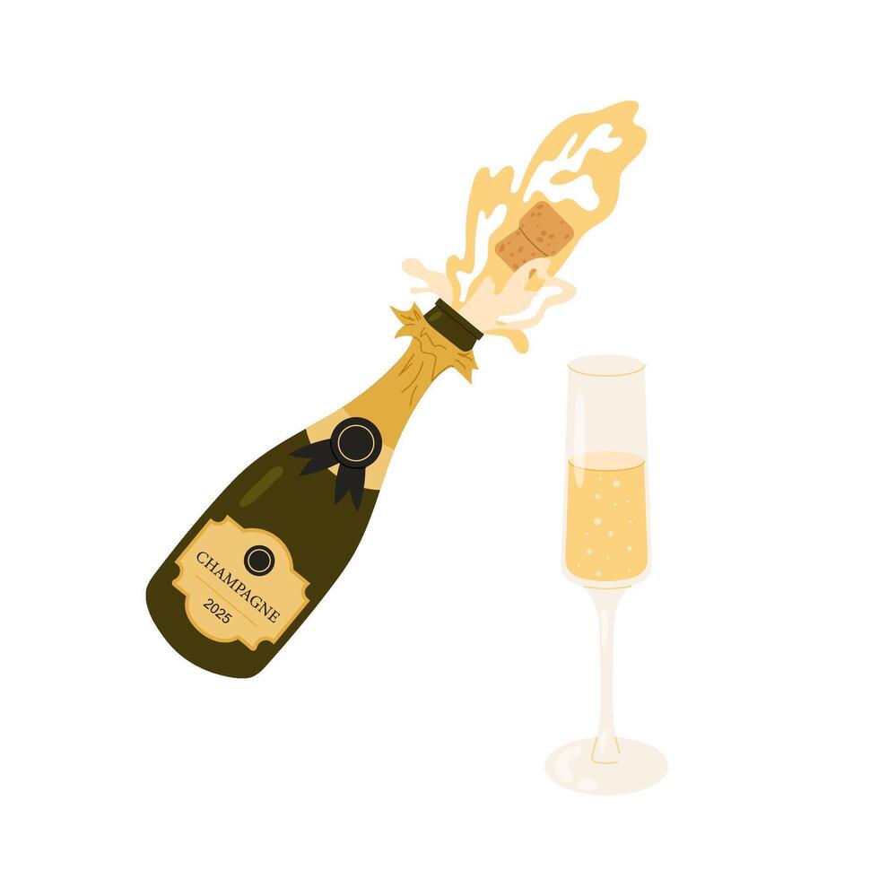 Champagne glass. Bottle for Happy Birthday, Christmas and New Year greetings. Splashes explosion of sparkling wine. vector
