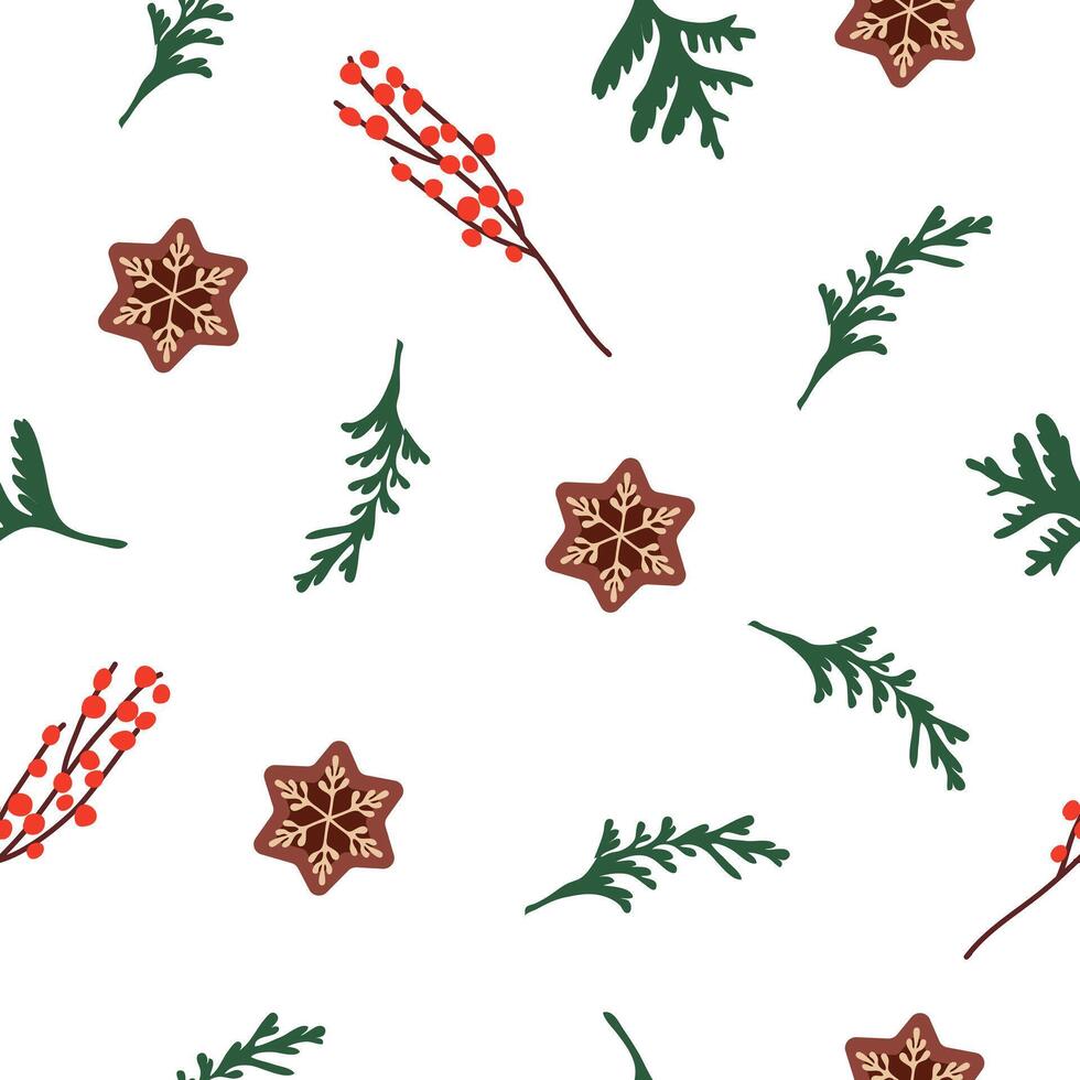 Christmas seamless pattern.Twigs and gingerbread on a white background. illustration vector