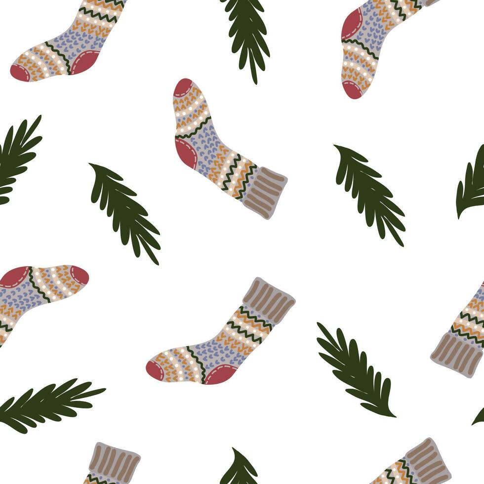 christmas seamless pattern with with socks and fir branches vector