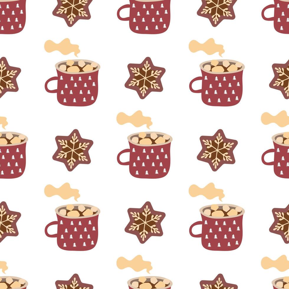Christmas seamless pattern. Festive background with gingerbread and cups. illustration in flat style vector