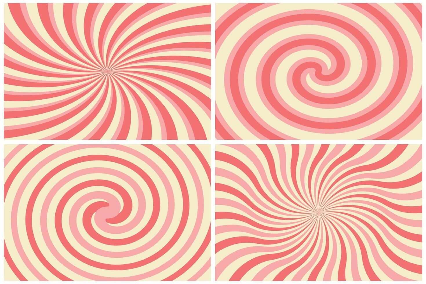 Candy cane or ice cream striped swirl backgrounds set. Twisted sunbeam abstract banner. Holiday texture vector
