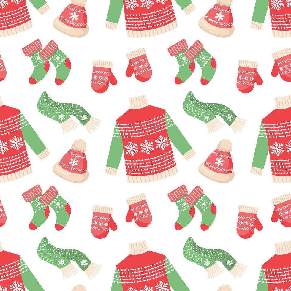 Seamless pattern with knitted winter clothes, Christmas mittens, sweaters, hats and socks. Holiday background for packaging vector