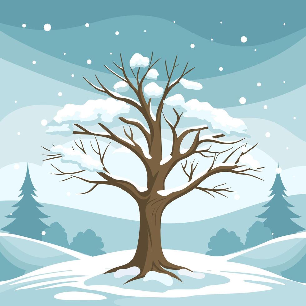 Winter tree covered with snow against the background of a winter landscape. Illustration. vector