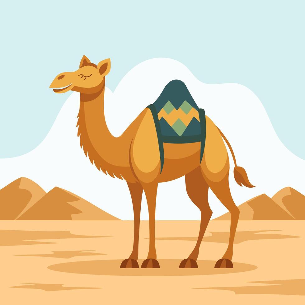 Cute one-humped camel in desert landscape. Flat style illustration. vector
