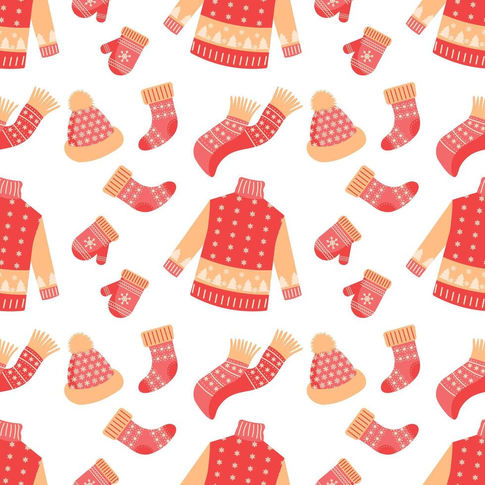 Seamless pattern with knitted winter clothes, Christmas mittens, hats, sweaters and socks. Holiday background for packaging vector