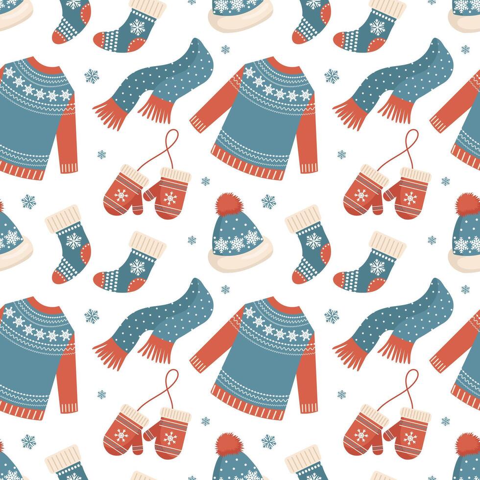Seamless pattern with knitted winter clothes, Christmas mittens, hats, sweaters and socks. Holiday background vector
