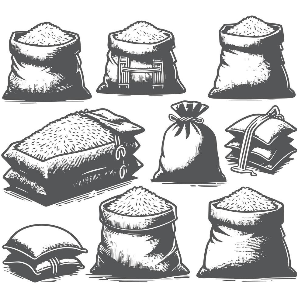 Hand Drawn Rice Grain in Sacks and Bowls Collection vector