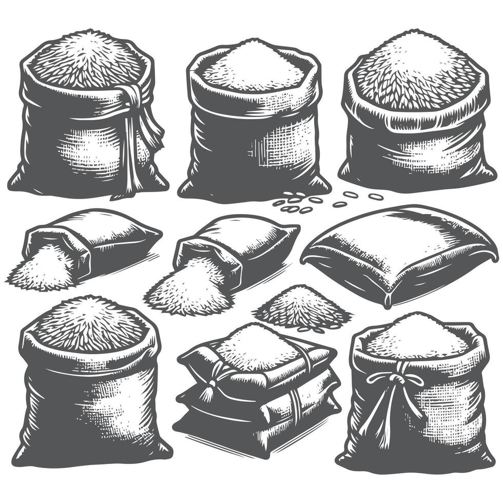 Elegant Rice Grain Sketches of Sacks and Bowls vector
