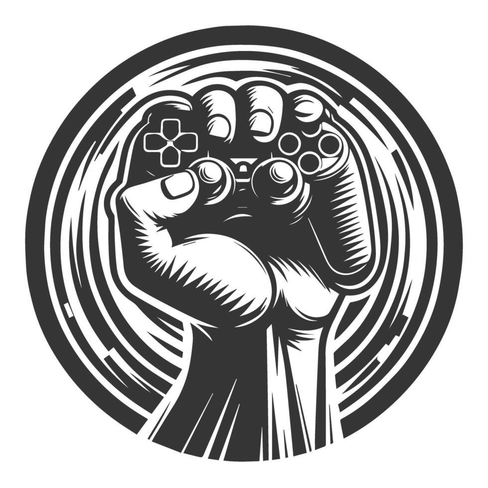 A fist holding a game controller in a circular frame vector