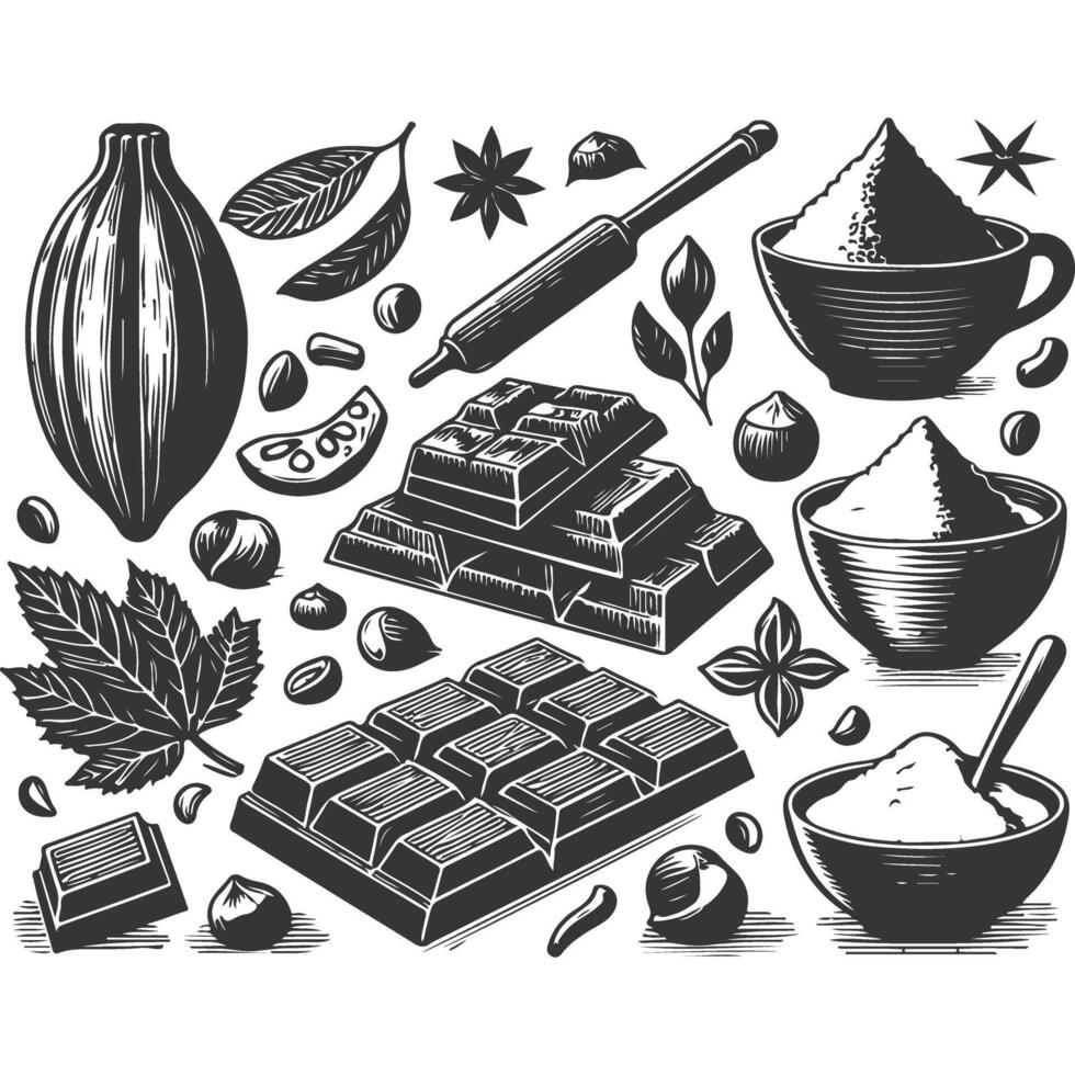Chocolate and cocoa ingredients set, black and white illustration vector