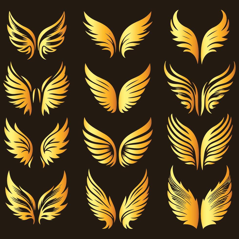 Golden wings set of wings on black background vector