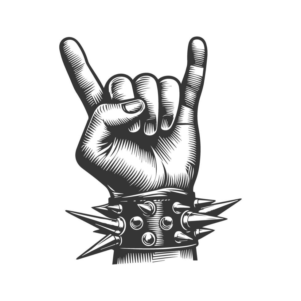 Hand with spiked rocker hand with rocker hand gesture, vintage style illustration vector