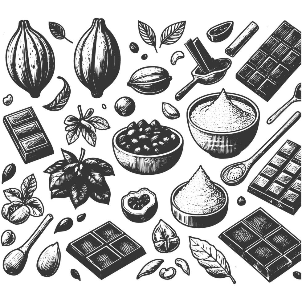 Chocolate and cocoa ingredients in a black and white drawing vector
