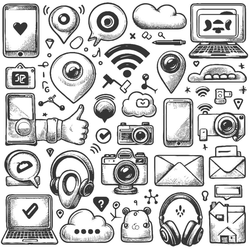Hand drawn icons of social media and technology vector