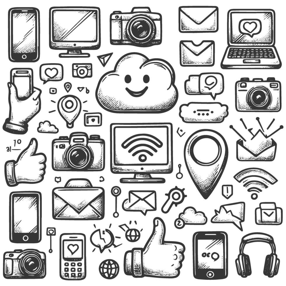 Hand drawn icons of social media and technology vector