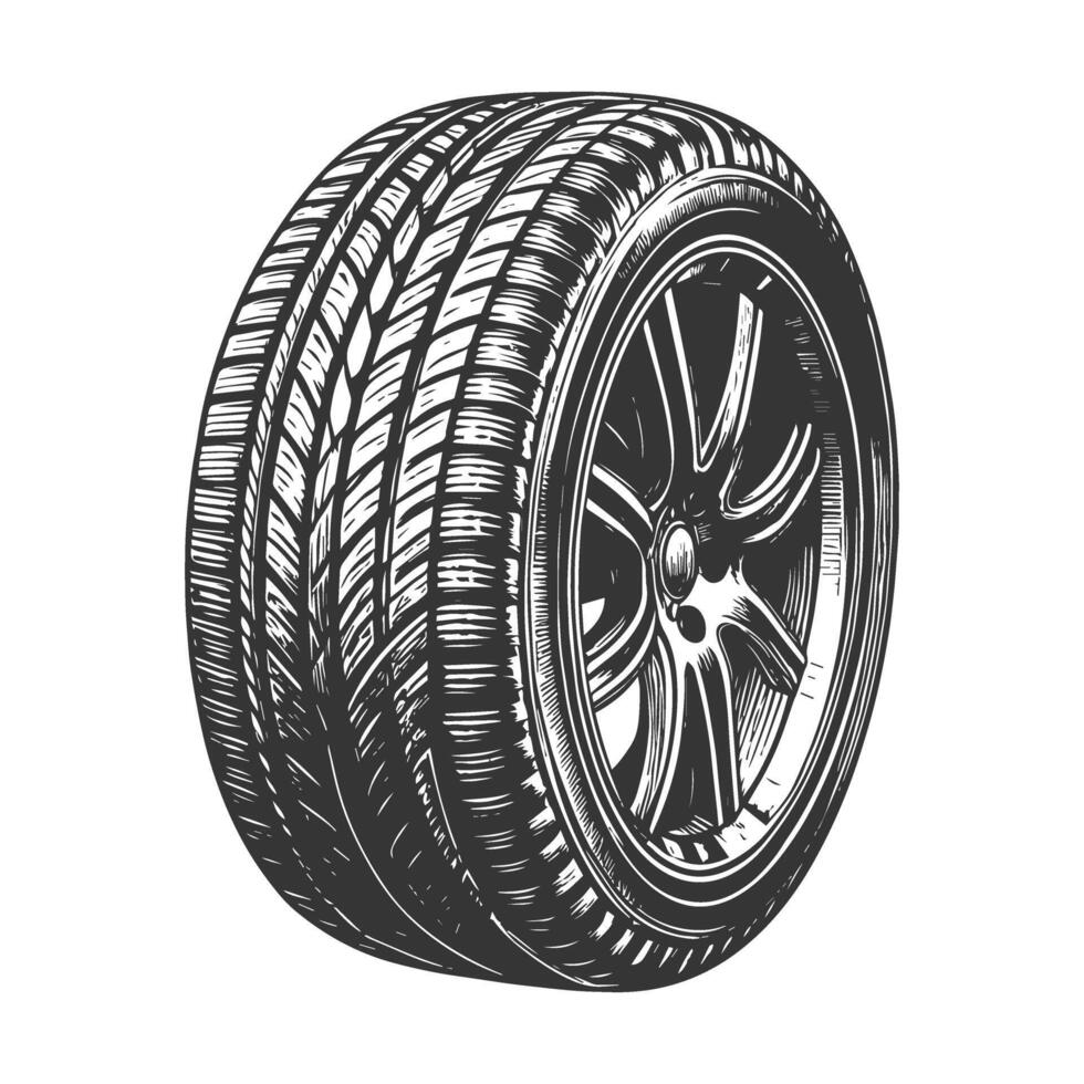 A black and white drawing of a car tire vector