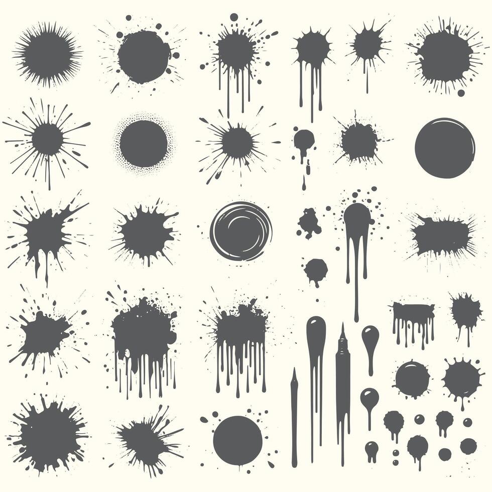 Set of black ink splatter elements, including paint splatters, ink spots and splatters vector