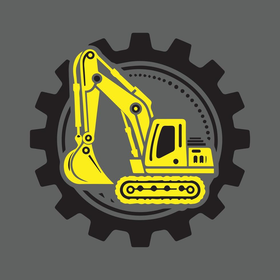 An excavator is shown in a gear wheel vector