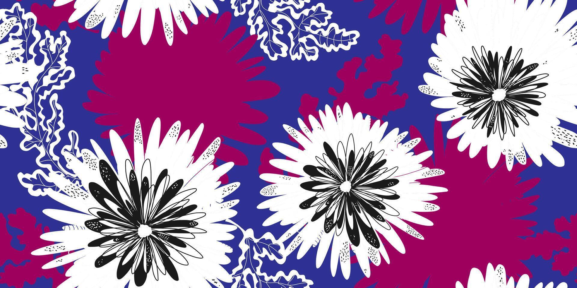 a floral pattern with black and white flowers on a purple background vector