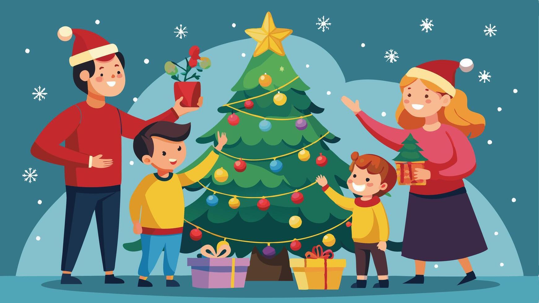 A joyful family celebrating Christmas together by decorating a colorful tree with ornaments and preparing gifts in a cozy winter setting vector