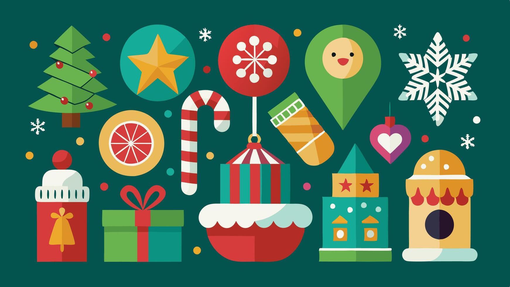 Colorful holiday decorations featuring festive symbols like Christmas trees, candy canes, ornaments, and gifts on a vibrant green background in a cheerful arrangement vector