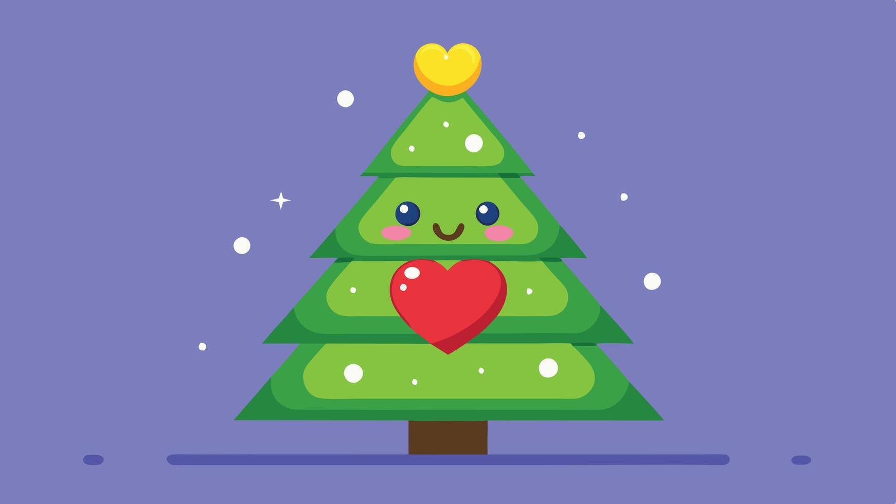 A cheerful cartoon Christmas tree with a smiling face, heart decoration, and snowflakes against a purple background during the festive holiday season vector