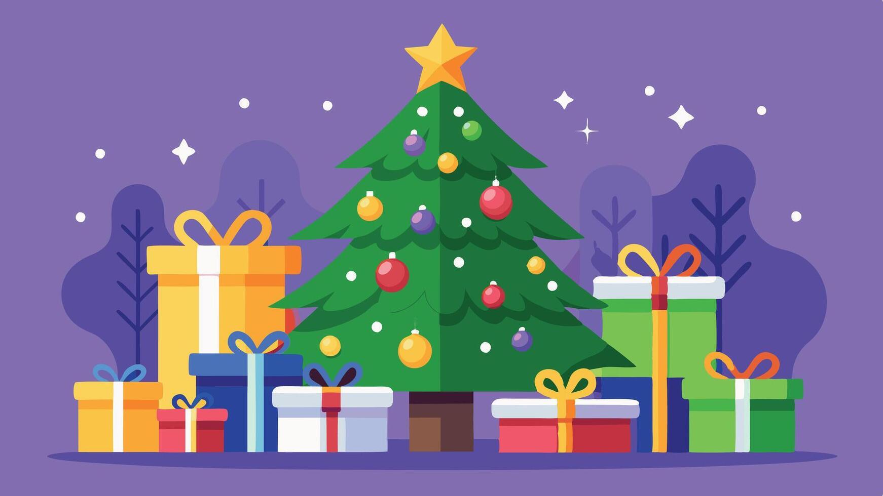 A colorful Christmas tree adorned with ornaments and surrounded by neatly wrapped gifts under a starry sky during a festive holiday celebration vector