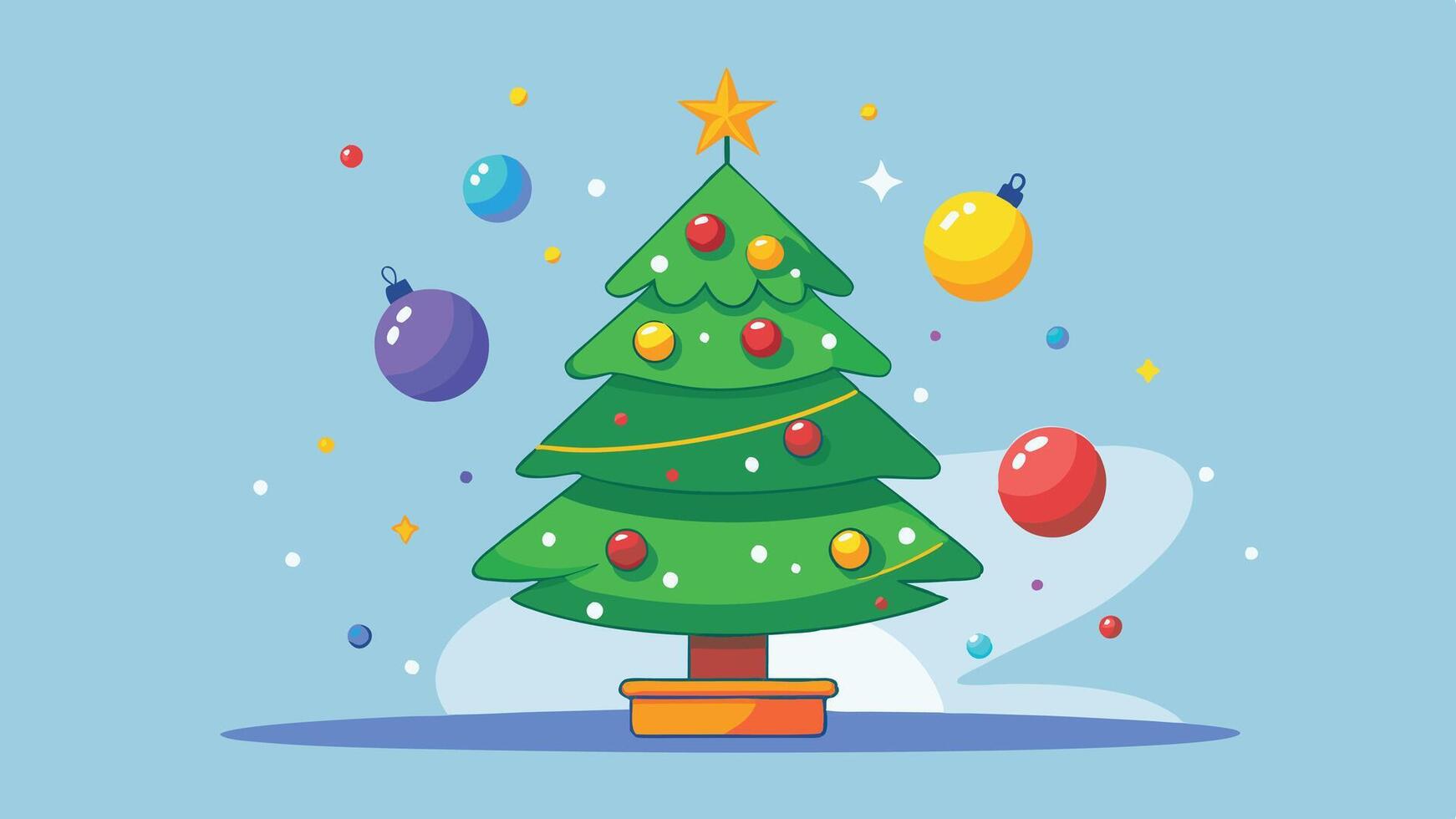 A vibrant cartoon Christmas tree adorned with colorful ornaments and a shining star, surrounded by festive decorations in a cheerful winter sky vector