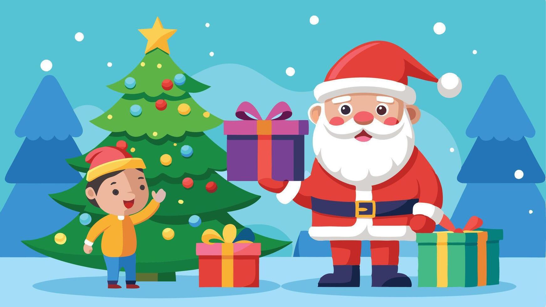 A cheerful child interacts with Santa Claus in a snowy landscape, surrounded by a decorated Christmas tree and colorful presents during the festive holiday season vector