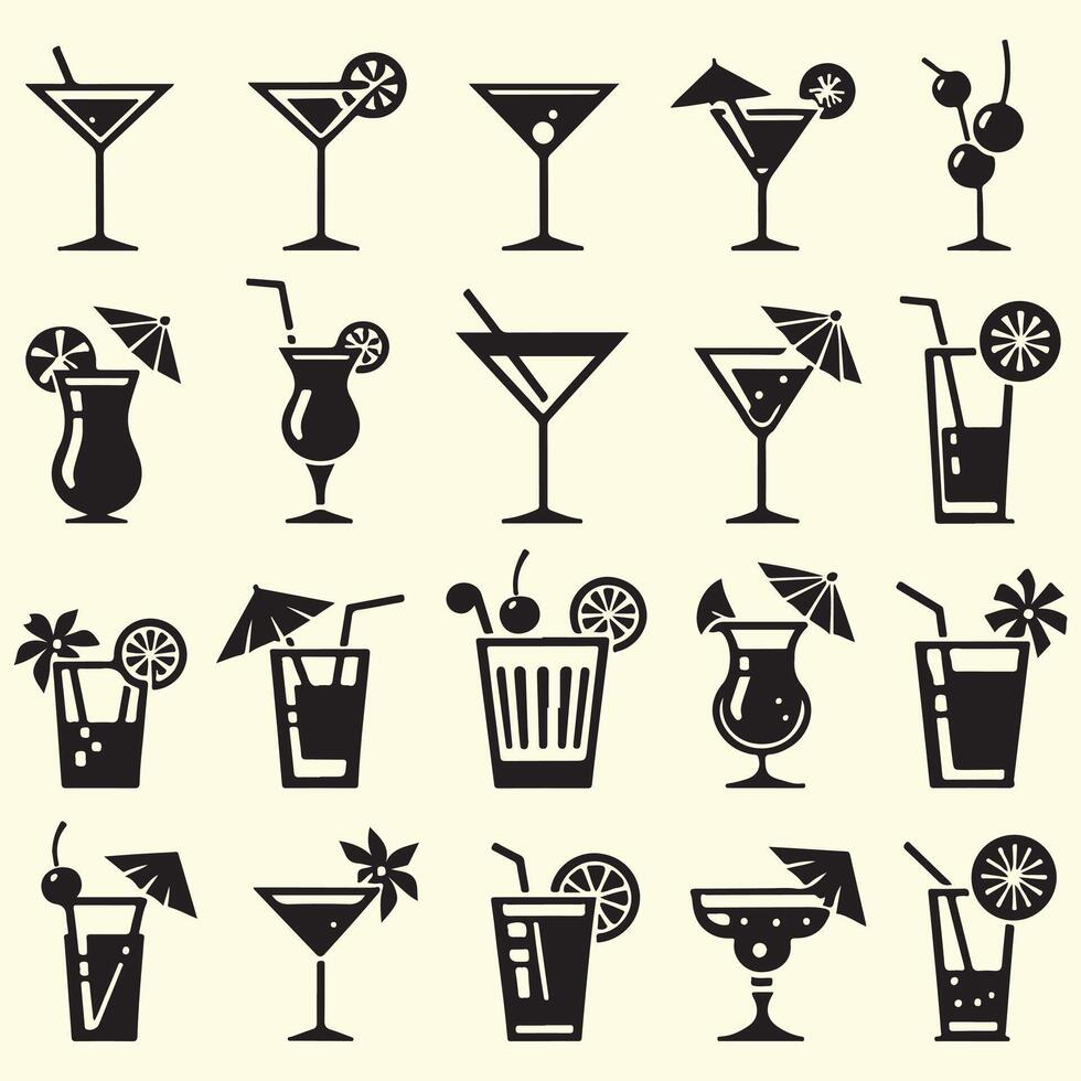 Various drinks and cocktails icons in black and white vector