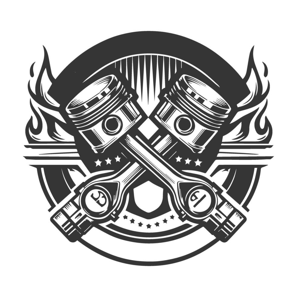 Two pistons with flames and flames in the background vector