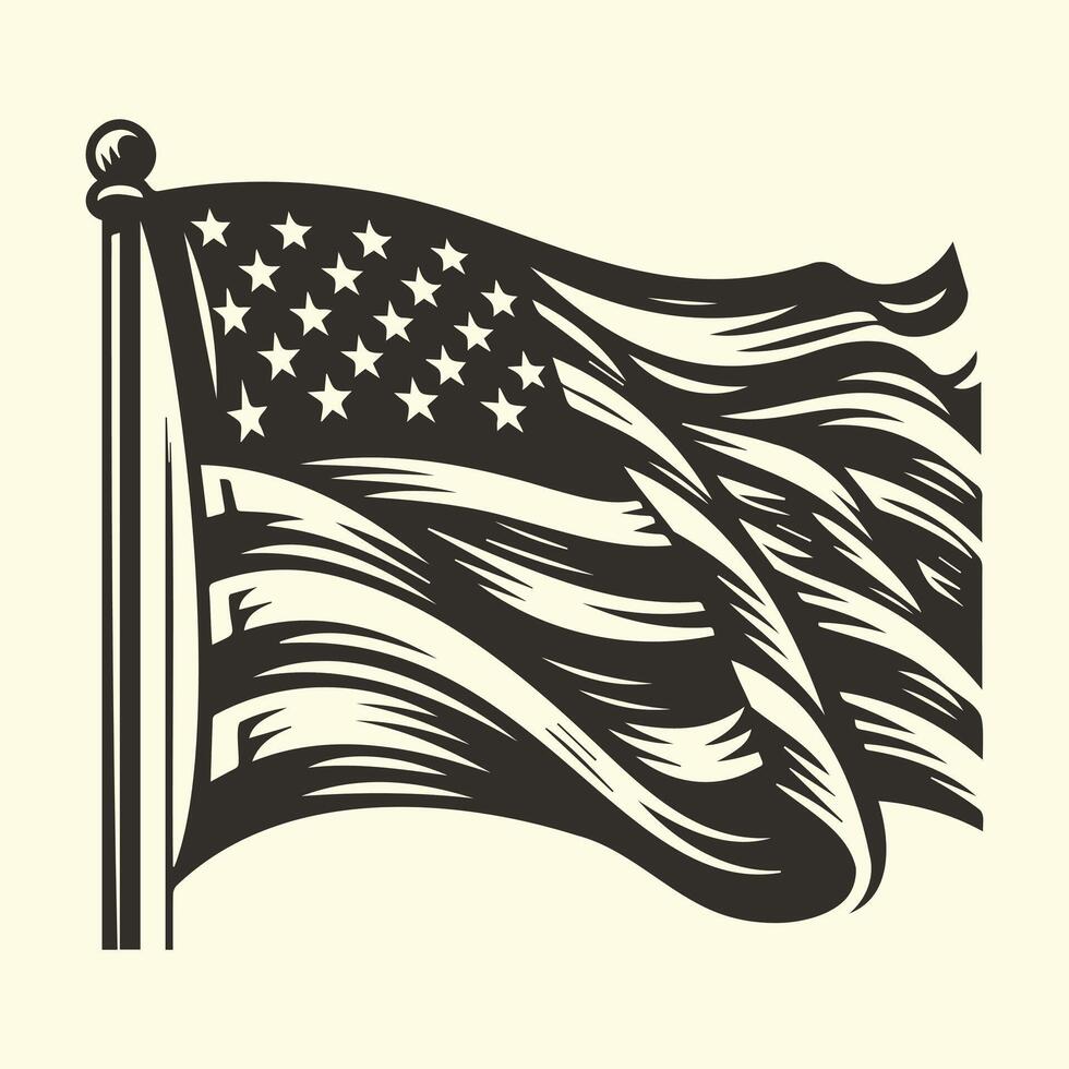 An american flag is shown in a black and white drawing vector