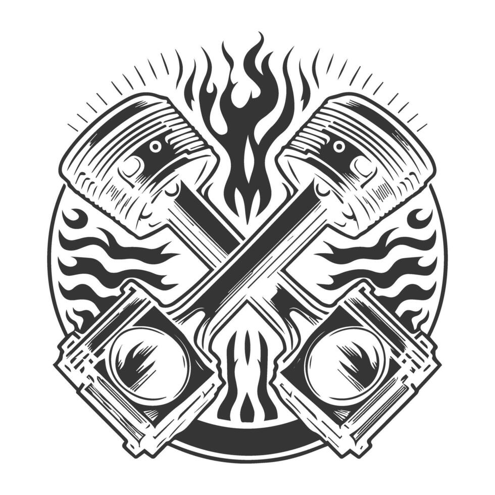 Two crossed pistons with flames and flames in the background vector