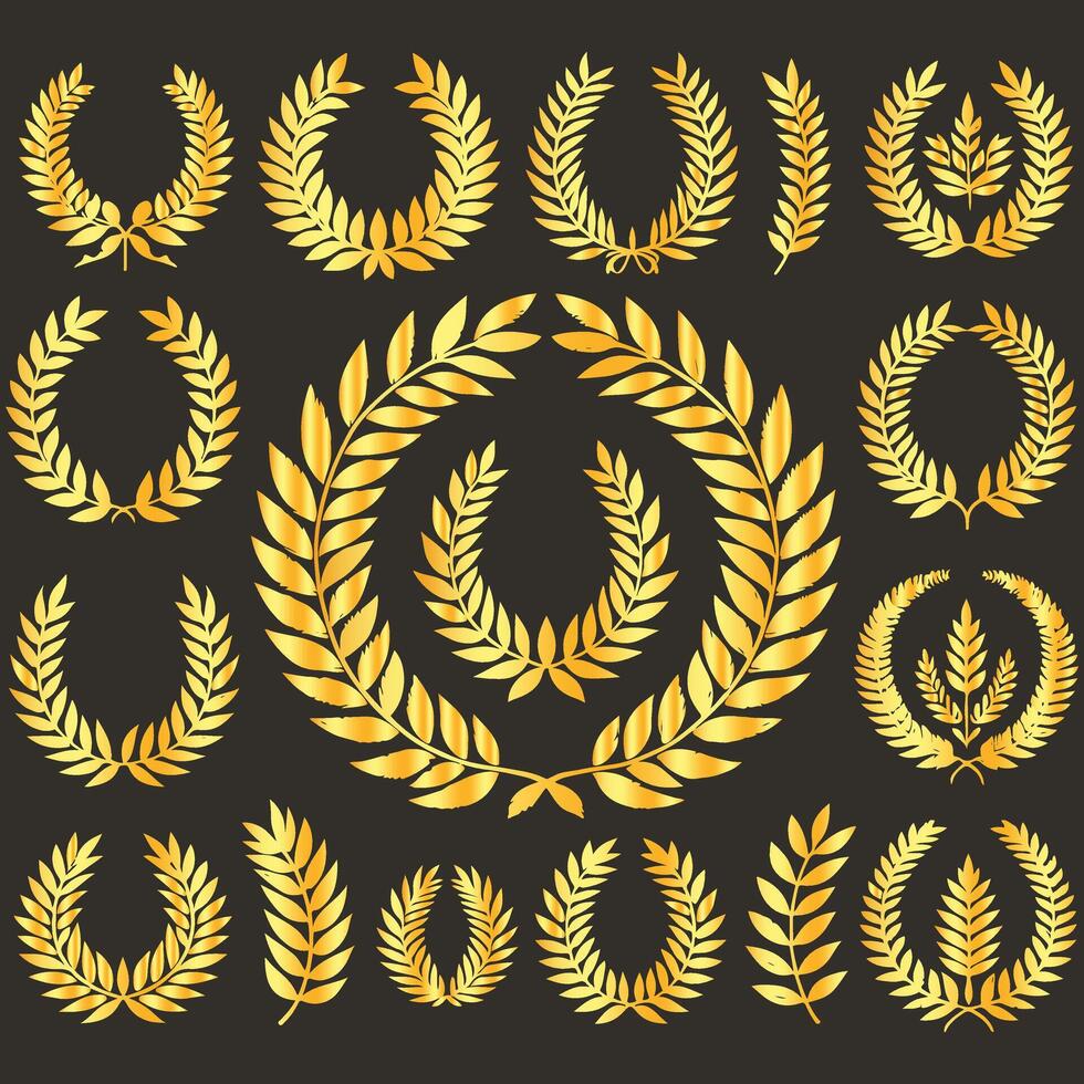 Gold laurel wreaths set on black background vector