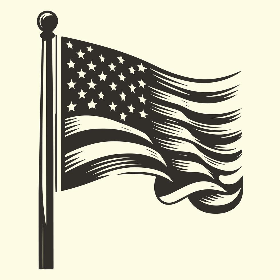 An american flag is shown in a black and white drawing vector