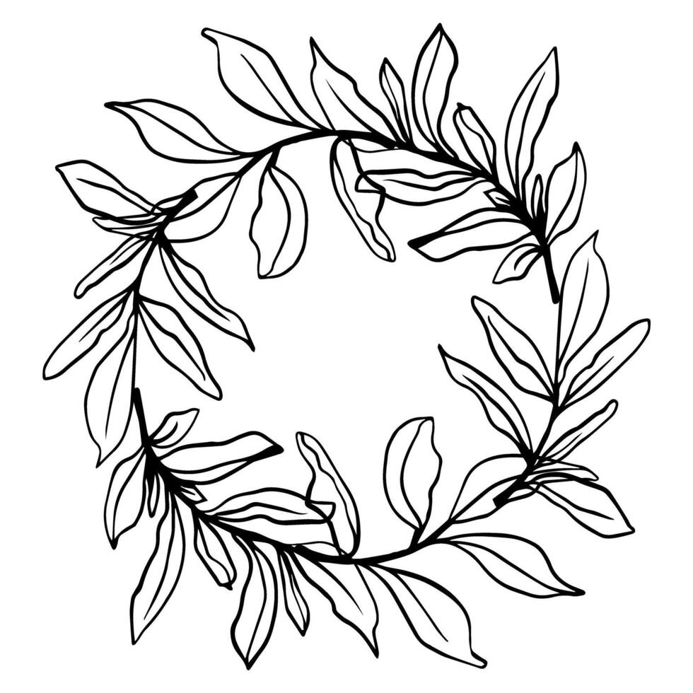 Black and white botanical hand drawn line illustration, contour leaves frame with a blank space. for nature inspired designs, invitations, borders, backgrounds in minimalistic elegant styles vector