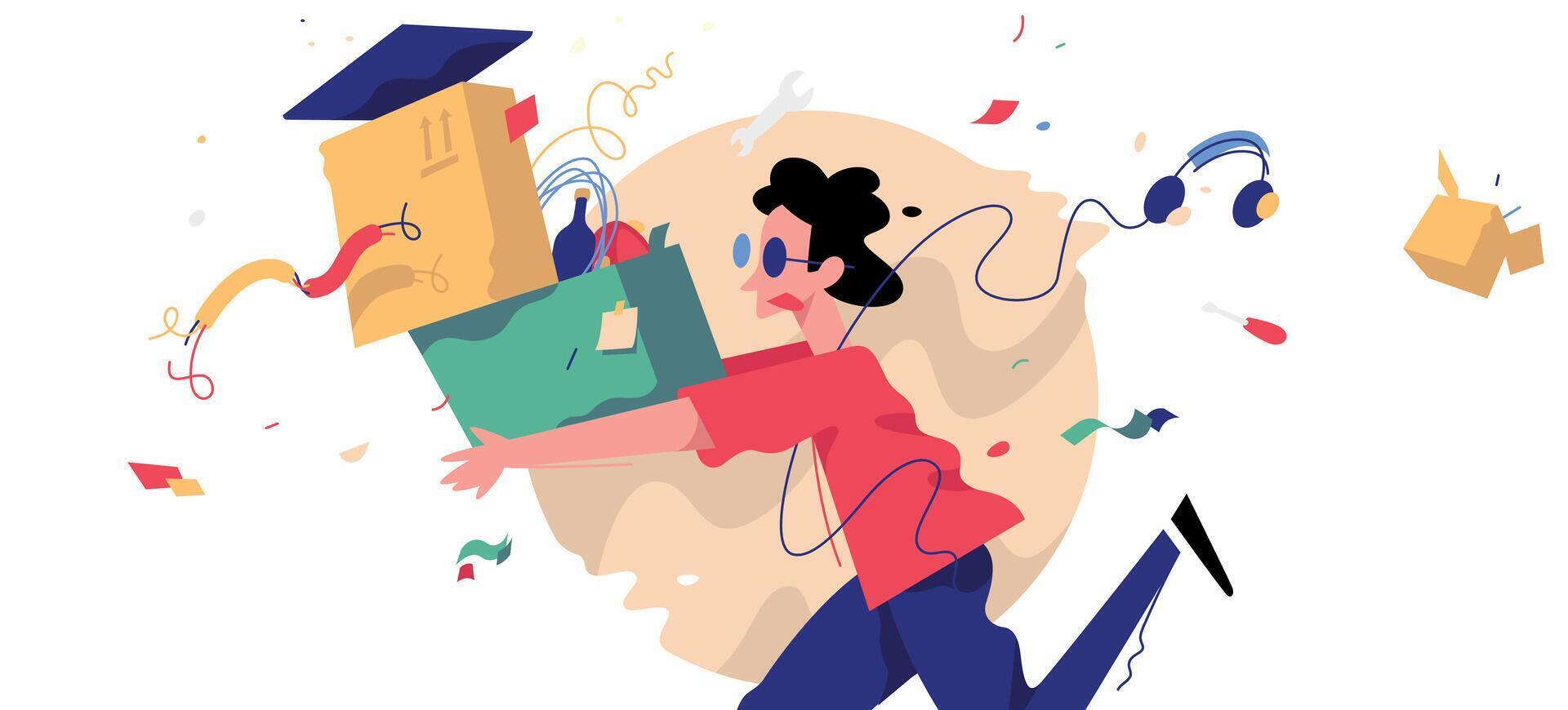 Illustration of a young man with boxes and things. The courier delivers the goods. A cartoon character. Image is isolated on white background. Flat illustration for banner and site. Mascot. vector