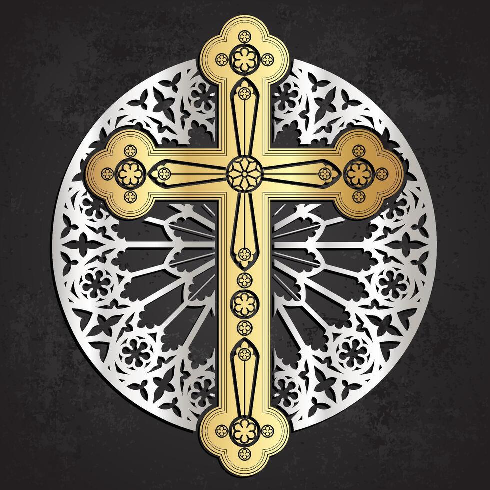golden gothic cross on silver rose window circle illustration vector