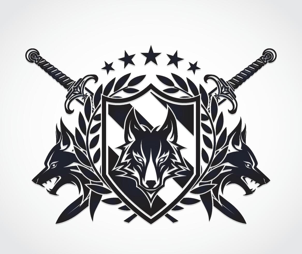wolf head heraldry logo with shield laurel wreath swords and stars vector