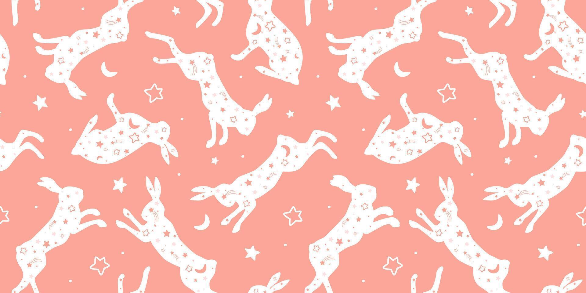 Seamless pattern with silhouettes of hares on a background of stars. vector