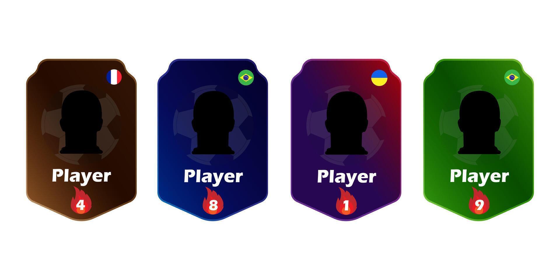 Set of four soccer player cards with flags and level icons vector