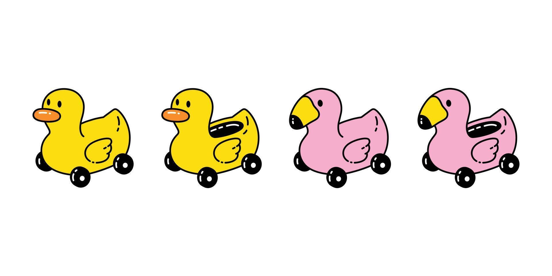 duck flamingo car wheel icon scarf logo cartoon character yellow rubber duck bird chicken symbol doodle isolated illustration design vector