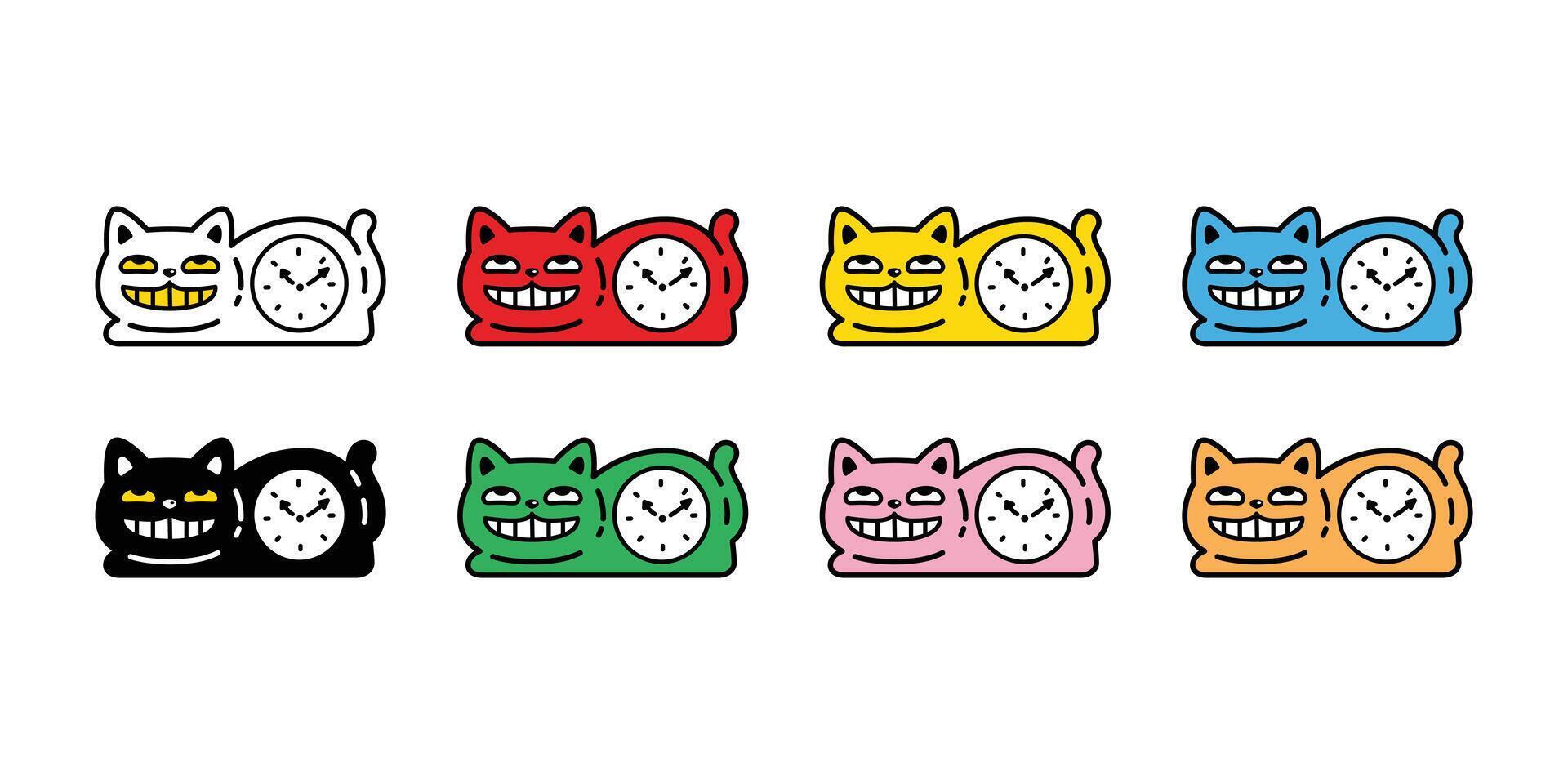 cat kitten smile clock time icon calico neko pet cartoon character munchkin illustration symbol clip art isolated design vector