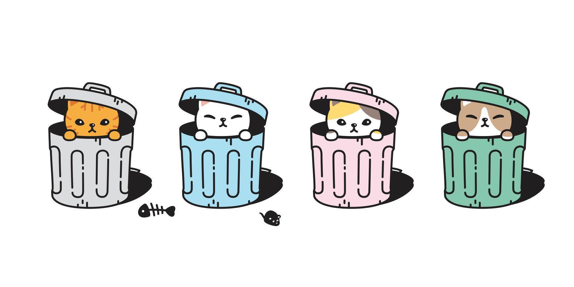 cat rubbish bin garbage trash can icon kitten calico neko pet cartoon character munchkin illustration symbol clip art isolated design vector