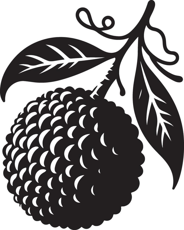 A black and white illustration of a fruit with leaves vector