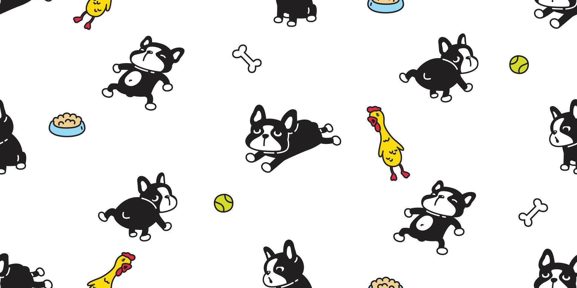 dog seamless pattern french bulldog puppy toy chicken ball food bowl bone pet doodle cartoon gift wrapping paper tile background repeat wallpaper illustration scarf isolated design vector